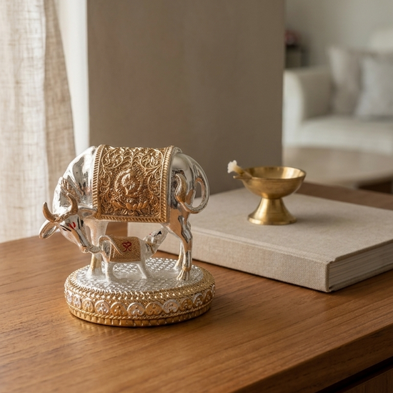 Vastu Kamdhenu with calf gold silver — back view — home mandir gift — Belysa Collective